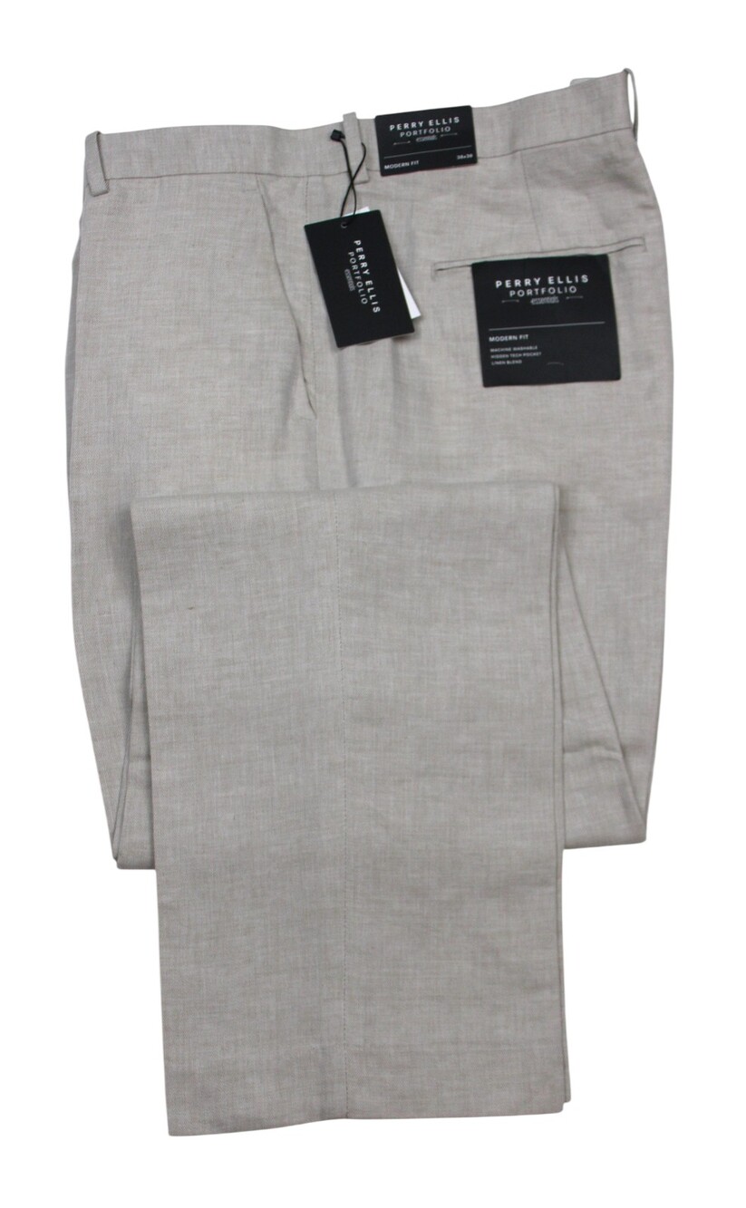 Perry Ellis Portfolio Essentials Pants Mens 40x30 Beige Modern Fit Linen Blend